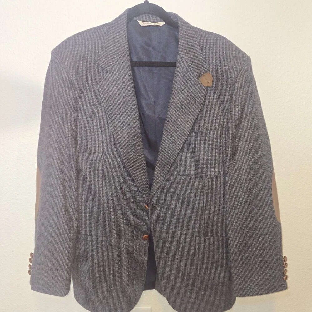 Vintage Him Chic Wool Tweed Blazer Mens 42R USA Made Suede Elbow Patches